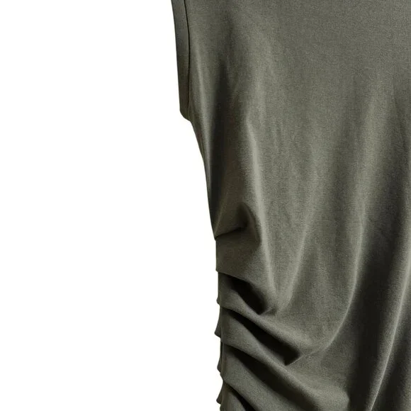 OGL Move Mockneck Tucks Slim Fit Midi Length Dress Ruched Olive Green Size M NEW - Picture 7 of 16